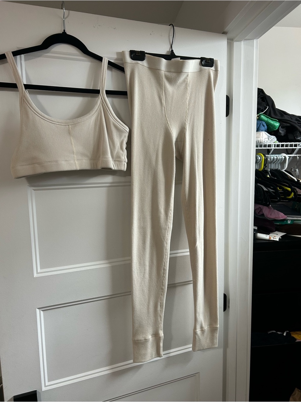 The Kript Cream Ribbed Lounge Bralette and Leggings Set